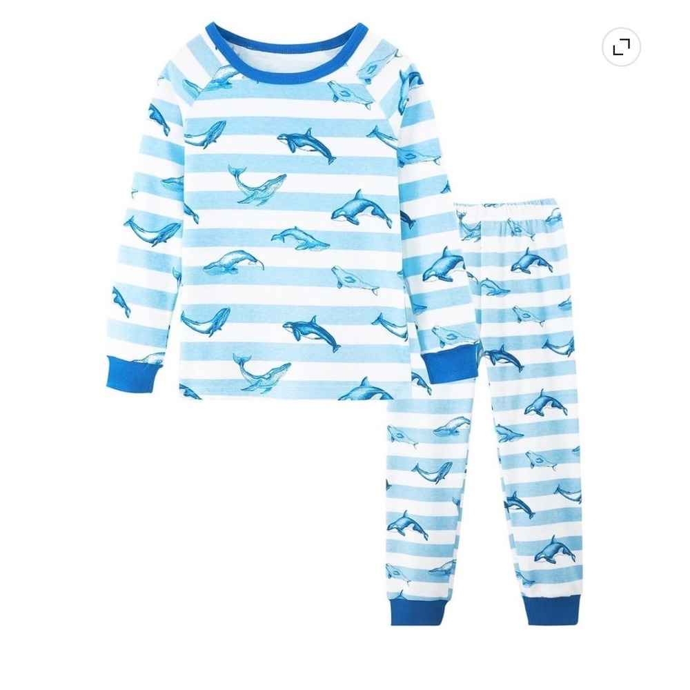 Kids Blue White Striped Whale Dolphin Pajama Set‎ Long Sleeve SZ 150 / 11-12 Yrs